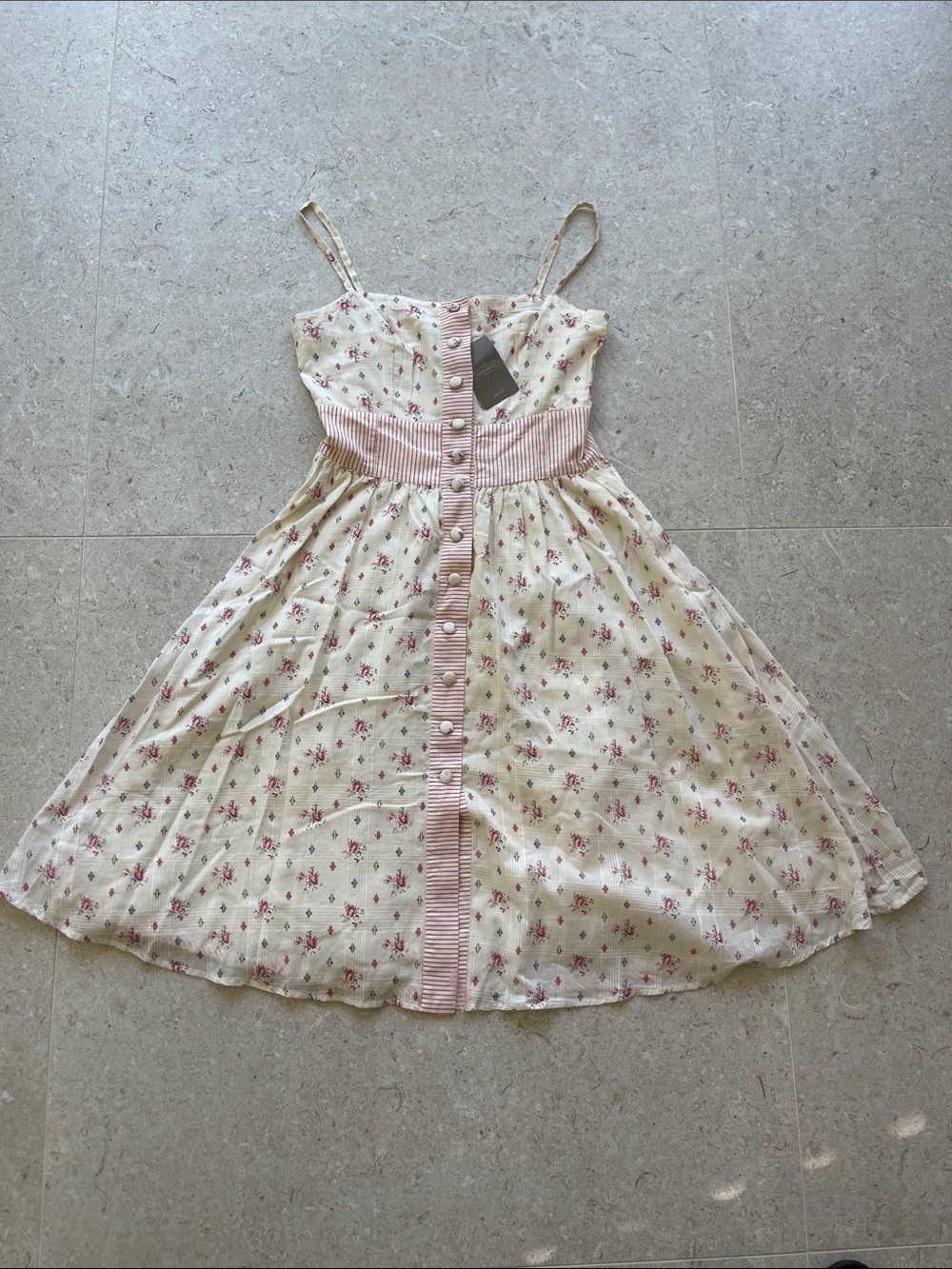Odille Cream Dress with Floral Print and Pink details. Anthropologie tag.
